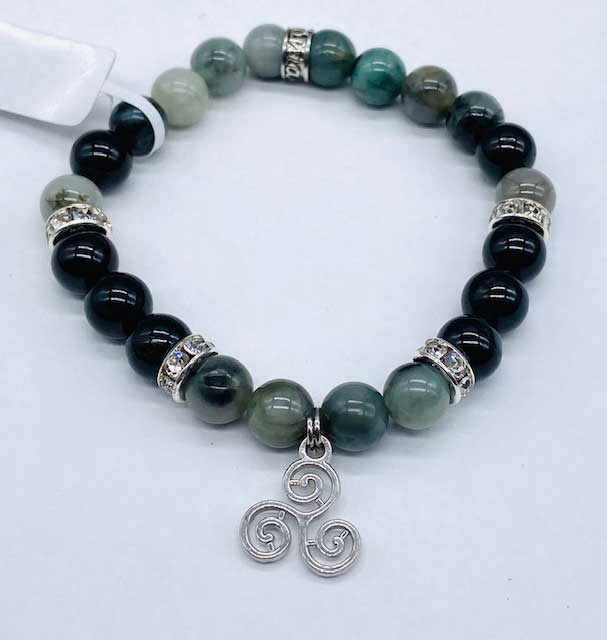 (image for) 8mm Emerald, Black Tourmaline, Triple Spiral bracelet